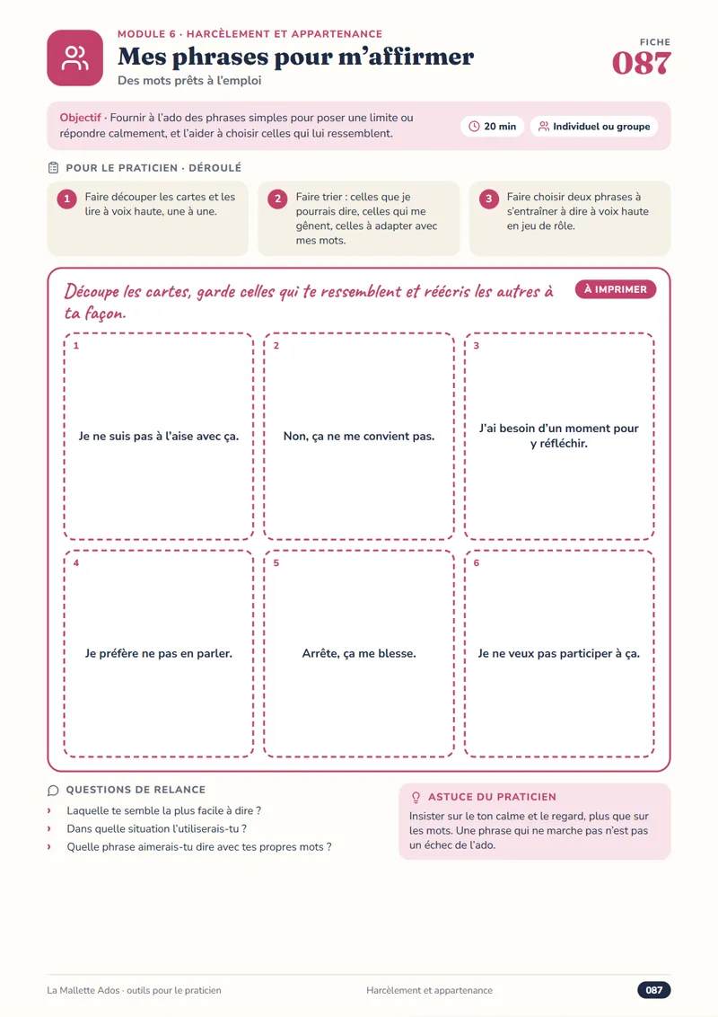 Fiche 087 Mes phrases pour m’affirmer : cartes à découper