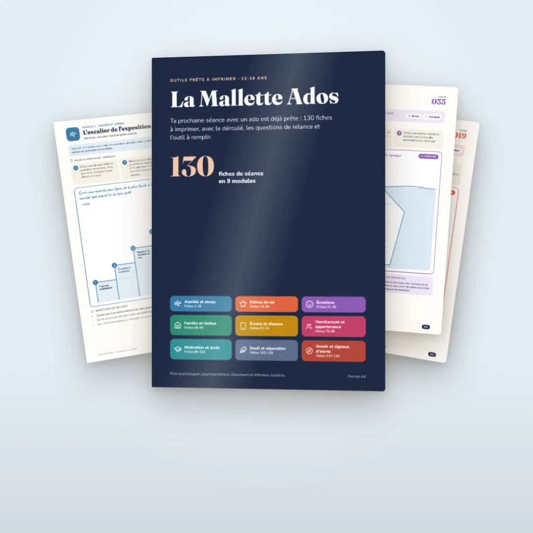 La Mallette Ados : la couverture du PDF, 130 fiches de séance en 9 modules